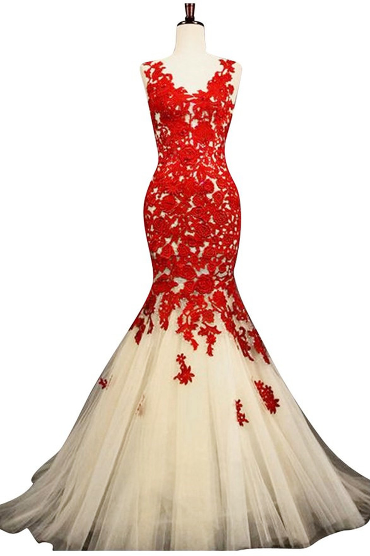 Secretcastle Long Mermaid Red Wedding Dresses Lace Dresses
